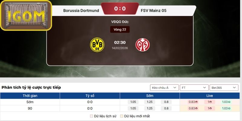 Kèo châu Á trận Borussia Dortmund vs FSV Mainz 05 (02:30 ngày 14/02, Bundesliga)