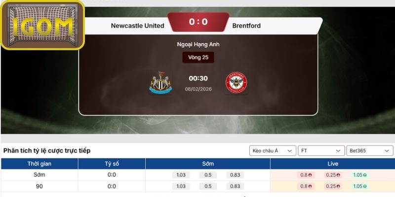 Kèo châu Á trận Newcastle Vs Brentford (00:30 ngày 08/02, Premier League)
